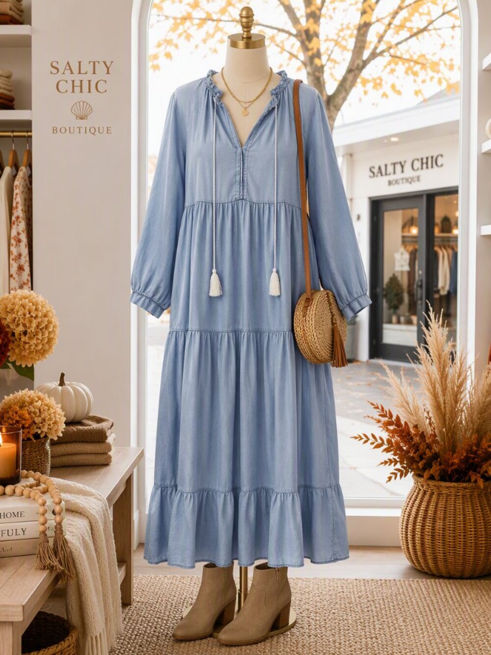Dress Boutique Light Blue Chambray Tiered with Tassel Tie